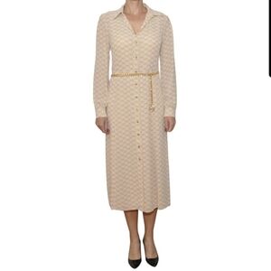 Michael Kors All Over Logo Dress Size XS Chain Belt Long Sleeve Button Up Print